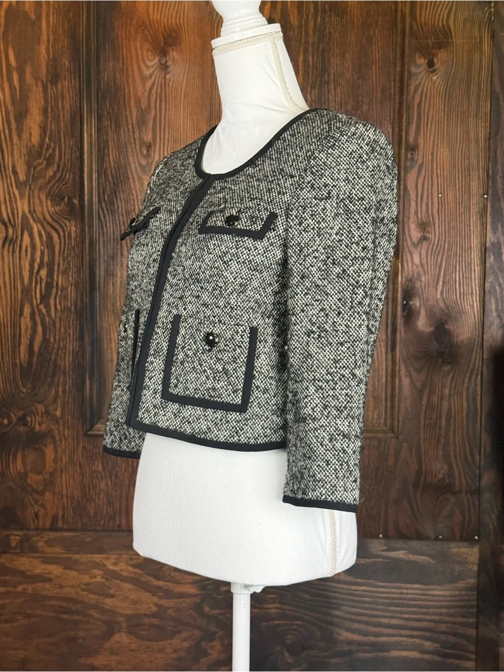 kate spade Black and White Tweed Trimmed Cropped Blazer